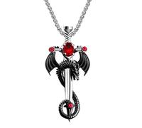 Gothic Punk Necklace - Winged Dragon with Sword 3.7 x 1.7 cm - Metal - Chain 50 cm - Blue/Red/Green Stone, XL, Metal, No Gemstone