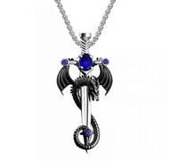 Gothic Punk Necklace - Winged Dragon with Sword 3.7 x 1.7 cm - Metal - Chain 50 cm - Stone Blue/Red/Green, XL, Metal, No Gemstone