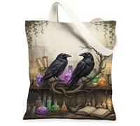 Gothic Raven Alchemy Potion Illustration Ravens Canvas Tote Bag 13x15 Inch | Gothic Apothecary Theme, Mystical Alchemy Potions, Scholarly Gothic Aesthetic, Witchy Home Decor