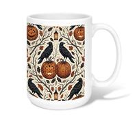 Gothic Raven And Pumpkins Halloween Theme Ceramic Coffee Mug 15oz