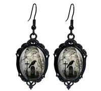 Gothic Raven/Bat Cameo Earrings,Vintage Crystal Gem Witch Earring Punk Style Glass Castle Dangle Earrings Goth Dark Victorian Mystic Jewelry Accessories for Women, L, Crystal Glass, No Gemstone