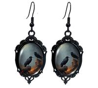Gothic Raven/Bat Cameo Earrings,Vintage Crystal Gem Witch Earring Punk Style Glass Castle Dangle Earrings Goth Dark Victorian Mystic Jewelry Accessories for Women, L, Crystal Glass, No Gemstone