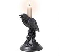 Gothic Raven Crow Perching On Black Rose and Skull Tombstone Candle Holder (B)