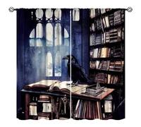 Gothic Raven Curtains, Steampunk Style Retro Bookshelf Black Crow Window Curtains for Boys Bedroom Living Room Halloween Decor, 42x45in （No Blackout）