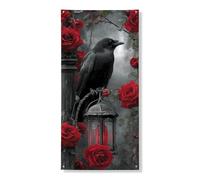 Gothic Raven Door Cover Banner Decorative, Dark Floral Roses and Lantern Front Door Decor, Indoor Outdoor Halloween Hanging Backdrop Party Supplies 36x72 Inch