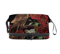 Gothic Raven Nest Red Rose Double Layer Cosmetic Bag for Women and Girls, Travel Toiletry Bag Makeup Handy Pouch Organiser Bag with Brush Compartment