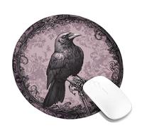 Gothic Raven Print Square Desk Mouse Pad, Dark Violet Ornate Design Stitched Edge Mousepad, Rubber Non-Slip Washable Gaming Mouse Pad for Home and Office Computer, Laptop Round 8x8 Inch