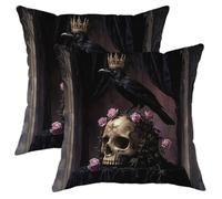 Gothic Raven Skull Pillow Covers Set of 2, Black Crowned Crow Decorative Throw Cushion Cases, Dark Elegant Halloween Home Decor for Sofa Couch Bed 20x20 Inch