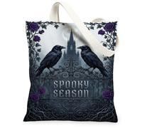 Gothic Raven Spooky Season Quote Halloween Canvas Tote Bag 13x15 Inch | Gothic Iron Gate, Deep Violet Roses, Dark Castle Silhouette, Mysterious Autumn Theme, Fanciful Seasonal Decor