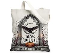 Gothic Raven Witch Quote Halloween Canvas Tote Bag 13x15 Inch | Gothic Arch Window, Jack-o'-lantern, Crescent Moon, Mystical Atmosphere, Dark Fantasy Art