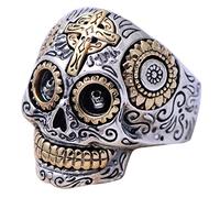 Gothic Real 925 Sterling Silver Mexican Sugar Skull Head Ring Gold Eye Cross Punk Biker Jewellery for Men Women Size Q 1/2