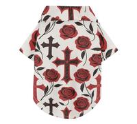 Gothic Red Black Halloween Cross Rose Summer Dog Polo Shirt Button Up Lightweight and Breathable Pet Shirts Doggy Sweatshirt Puppy Kitten Perfect for Everyday Wear, and Photoshoots