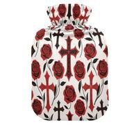 Gothic Red Black Halloween Cross Rose Water Bottle for hot Water with Soft Cover, 1L hot compresses for The Body for Hot and Cold Therapies,Hot and Cold Therapies,Bolsa de agua Caliente para el