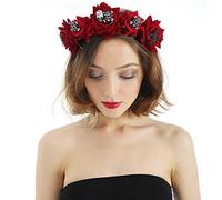 Gothic Red Rose Crown Halloween Tiara Headband Bridal Flower Hair Wreath Garland Wedding Headpiece Floral Head Accessories Headdress for Women Girls Party Bride Photography Props