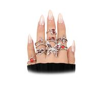Gothic Red Vampire Rings for Women Goth Black Statement Spider Ring Set Silver Butterfly Adjustable Crystal Knuckle Ring Halloween Jewelry Accessories (Red)