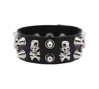 Gothic Revivals PU Cuff Bracelet The intricate skull designs and angled rivets accent for alternative fashion with busy hand chain skull showing, one size, As described