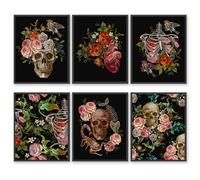 Gothic Romantic Art, Human Heart, Skull and Roses Wall Art Prints, Gothic Embroidery Skeleton Ribs Birds and Flowers Poster Wall Decor (Gothic Romantic Art, 8"x10" UNFRAMED)