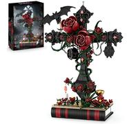 Gothic Rose Cross Bricks Set, Dark Romance Flower Bricks Kit with Bat Wing | Halloween Decor Building Model Kit with Thorns and Vintage Book Base, Collectible Gothic Building Toy for Adults, 930 PCS