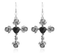 Gothic Rose Flower Earrings for Women,Vintage Rose Cross Flower Heart Earrings Black Red Crystal Gem Dangle Earrings Punk Dark Cross Rose Earrings Goth Halloween Christmas Jewelry Gift, Zinc, alloy