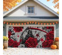 Gothic Rose Garage Door Cover, Large Artistic Halloween Decorations, Grim Reaper Theme for Indoor and Outdoor Fall Decor 157x71 Inch