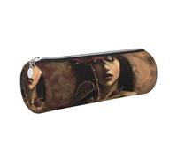 Gothic Rose Girl Printed Leather Pencil Case Cute Stationery Organizer Round Makeup Bag Pen Pouch, Silver Zipper