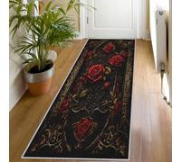 Gothic Rose Hallway Rug 60 x 220, Washable Baroque Floral Print Kitchen Carpet Runners Short Pile Non-Shedding Bedroom Living Room Runner Rug, Vintage Victorian Floor Mat for Indoor Entryway, is936