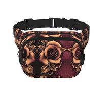 Gothic Rose Print Unisex Square Double Layer Waist Bag Trendy Crossbody Fanny Pack Travel Workouts, Black, One Size