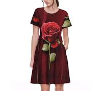Gothic Rose Print Women's Short Sleeve Pleated Loose Swing Casual Dress with Pockets Knee Length Black