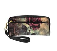 Gothic Rose Printed Leather Makeup Bags with Wrist Strap Portable Travel Toiletry Bag Cosmetic Organizer Bag for Women