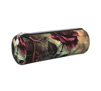 Gothic Rose Printed Leather Pencil Case Cute Stationery Organizer Round Makeup Bag Pen Pouch, Silver Zipper