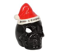 Gothic "Season's Creepings" Skull Tealight Holder - 16cm x 10cm (1 Pc.) - Alternative Festive Decor with Black Skull and Santa Hat, Perfect for a Spooky Christmas Ambiance