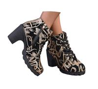 Gothic Short Boots With Block Heel 2024 New Ankle Boots With Buckle Vintage Print Ankle Boots Warm Plush Lined Lace-up Boots Casual Ankle Shoes For Outdoor, Party(Gold,4 UK)