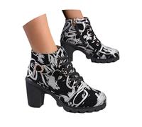 Gothic Short Boots With Block Heel 2024 New Ankle Boots With Buckle Vintage Print Ankle Boots Warm Plush Lined Lace-up Boots Casual Ankle Shoes For Outdoor, Party(White,4.5 UK)