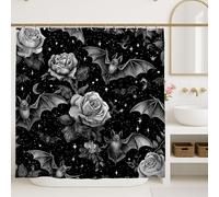 Gothic Shower Curtain, Black White Floral Bat Bathroom Set Decor, Halloween Modern Elegant Waterproof Fabric Shower Curtain with Hooks 72x72 Inch