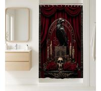 Gothic Shower Curtain, Dark Red Black Raven Skull Bathroom Decor, Halloween Vintage Elegant Waterproof Fabric Shower Curtain with Hooks 36x72 Inch