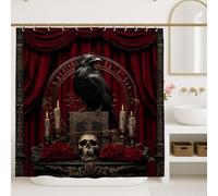 Gothic Shower Curtain, Dark Red Black Raven Skull Bathroom Decor, Halloween Vintage Elegant Waterproof Fabric Shower Curtain with Hooks 72x72 Inch