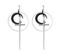 Gothic Silver Hoop Earrings with Black Moon and Sword Charm Dangle Drop for Women, Christmas Gift