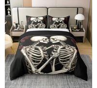 Gothic Skeleton 100% Cotton Bedding Set Single Size,Gothic Skull Halloween Theme Bedding Set for Kids Girls Boys,Roses Flowers Bed Sets with 1 Pillowcase(No Comforter),Black White Red