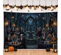 Gothic Skeleton Ballroom Scene Skeletons Backdrop Banner 83x59 Inch | Gothic Architecture, Photo Backdrop, Ornate Fountain, Formal Ballroom Attire, Moody Atmosphere, Dark Fantasy Theme