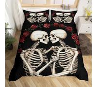 Gothic Skeleton Bedding Set Single Size,Gothic Skull Halloween Theme Comforter Cover Set for Kids Girls Boys Room Decor,Roses Flowers Duvet Cover Breathable(No Comforter),Black White Red