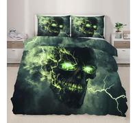 Gothic Skeleton Duvet Cover Necromantic Skull Bedding Set Green Lightning Skull Duvet Cover Dark Fantasy Comforter Set With Pillowcases for Bedroom Single 137 x 200 cm