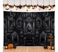 Gothic Skeleton Mirror Scene Halloween Backdrop Banner 71x43 Inch | Gothic Style, Photo Backdrop, Ornate Mirror Motif, Velvet Armchair, Monochromatic Dark Decor, Dramatic Wall Tapestry