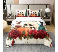 Gothic Skeleton Pumpkin 100% Cotton Bedding Set Single Size,Happy Halloween Theme Bedding Set for Kids Girls Boys,Roses Flowers Bed Sets with 1 Pillowcase(No Comforter),Red White
