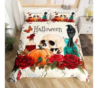 Gothic Skeleton Pumpkin Bedding Set Single Size,Happy Halloween Theme Comforter Cover Set for Kids Girls Boys Room Decor,Roses Flowers Duvet Cover Breathable(No Comforter),Red White