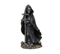 Gothic Skeleton Reaper Statue - Halloween Grim Reaper Figurine Holding Cross, Cloaked Skeleton Decor for Home & Office, Spooky Tabletop Ornaments for Halloween