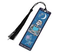Gothic Skeleton Tarot Metal Bookmark, Creative Skull Bookmark with Tassels for Women Men Book Lovers Funny Horror Book Accessory for Christmas Halloween Birthday Gifts (Blue)