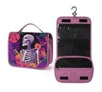 Gothic Skeleton Tropical Leaves Flowers Travel Toiletry Bag for Women,Hanging Makeup Organizer with Hook for Shampoo