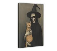 Gothic Skeleton Witch Holding Orange Cat Canvas Poster Wall Art Decor Print Picture Paintings for Living Room Bedroom Decoration 12x18inch(30x45cm)