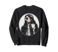 Gothic Skeleton Woman with Red Heart Eyes and Coffee Mug Sweatshirt