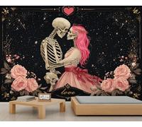 Gothic Skull and Floral Mural for Valentine's Day Goth Skull Wallpaper Ghostface Skeleton Accent Wallpaper Kids for Bedroom Living Room Sofa TV Background Wall Mural Poster Decor 100 X 70 cm